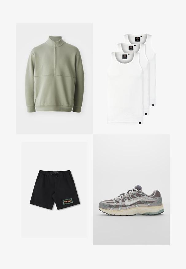 Lys grøn, langærmet pullover med høj krave og halv lynlås. Blød tekstur med en horisontal sømdetalje på brystet.; Tre hvide ribbede tanktops lavet af bomuld. Har en rund hals og små sorte mærker nær sømmen. Fås i flere størrelser.; Sorte badeshorts med elastisk linning og snøre. Har en grøn blomstret kant med teksten "Rivolia" på venstre ben.; Grå sportssko med overdel i mesh og ruskind, hvide accenter, en polstret sål og et særpræget design med reflekterende elementer.