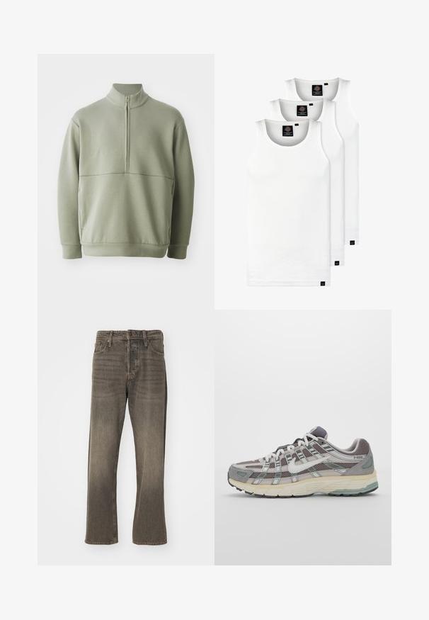 Suéter de manga larga verde claro con un cuello alto y media cremallera. Textura suave con un detalle de costura horizontal en el pecho.; Tres camisetas sin mangas de algodón de color blanco con canalé. Cuentan con cuello redondo y pequeñas etiquetas negras cerca del dobladillo. Disponibles en múltiples tamaños.; Jeans de mezclilla marrones con un diseño de pierna recta, que presentan una textura desgastada, un estilo tradicional de cinco bolsillos y cierre de botón metálico.; Zapatilla deportiva gris con parte superior de malla y ante, acentos blancos, suela acolchada y un diseño distintivo con elementos reflectantes.