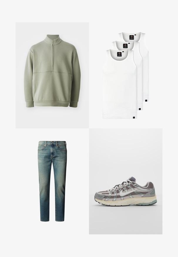 Pullover verde chiaro a maniche lunghe con colletto alto e mezza cerniera. Texture morbida con un dettaglio a cucitura orizzontale sulla parte anteriore.; Tre canotte bianche a coste in cotone. Presentano un colletto rotondo e piccole etichette nere vicino all'orlo. Disponibile in diverse taglie.; Jeans in denim azzurro chiaro con design a gamba dritta, dotati di cinque tasche, chiusura con bottoni e sottili dettagli sbiaditi sul tessuto.; Scarpa sportiva grigia con tomaia in mesh e suede, dettagli bianchi, suola ammortizzata e un design distintivo con elementi riflettenti.