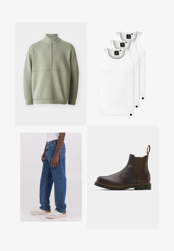 Svetlo zeleni pulover z dolgimi rokavi, visokim ovratnikom in polnim zadrgo. Mehak material z vodoravno šivano podrobnostjo čez prsi.; Tri bele rebraste majice brez rokavov iz bombaža. Imajo okroglo izreza in majhne črne etikete blizu roba. Na voljo v več velikostih.; Svijetloplave traperice s ležernim krojem, dizajnom s pet džepova i dugmetima, uparen s jednostavnom bijelom majicom i bijelim tenisicama.; Rjava usnjena Chelsea čevlja z elastičnimi stranskimi ploščami, teksturiranim peti in kontrastnim rumenim šivom. Ima zanko za enostavno obuvanje.