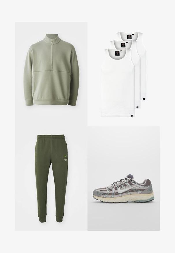 Svijetlozelena, dugosveđena majica s visokim ovratnikom i polu-zipperom. Mehak materijal s horizontalnom šavom preko prsa.; Tri bijele rebraste majice bez rukava od pamuka. Imaju okrugli izrez i male crne oznake blizu rubova. Dostupne su u više veličina.; Nike Sportswear JOGGER - Donji dijelovi trenirke - cargo khaki; Siva sportska tenisica s gornjim dijelom od mrežaste tkanine i zamshta, bijelim detaljima, amortizirajućom potplatom i prepoznatljivim dizajnom s refleksivnim elementima.