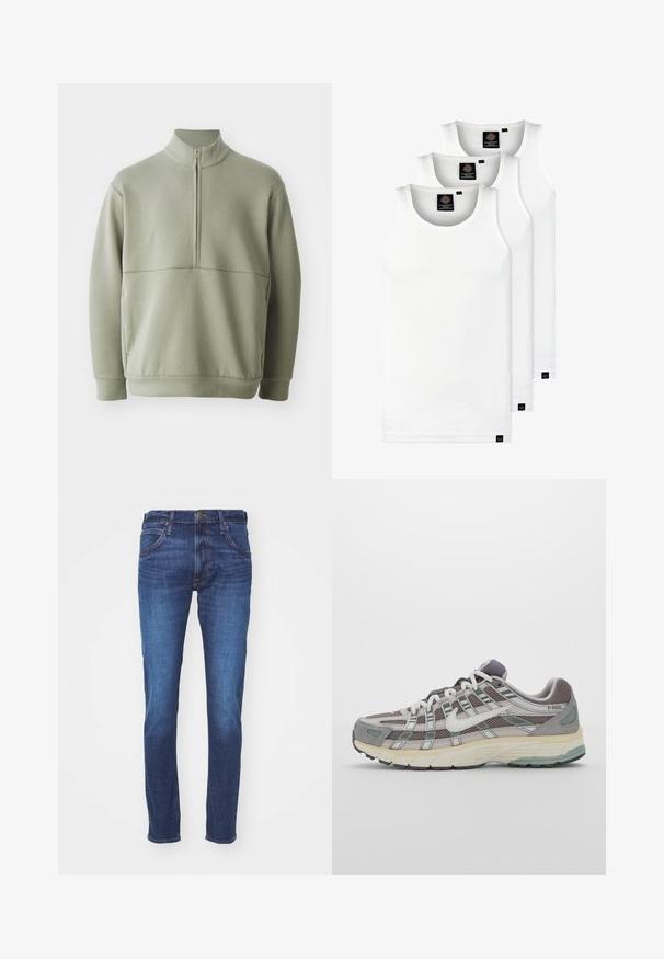 Lys grønn, langermet genser med høy krage og halv glidelås. Myk tekstur med horisontal sømdetalj over brystet.; Tre hvite ribbestrikkede tank topper laget av bomull. Har en rund hals og små svarte etiketter nær kanten. Tilgjengelig i flere størrelser.; Blå denimjeans med slim fit, fem lommer og subtil falming. Har detaljer med gullfargede metallknapper og søm.; Grå treningssko med overdel i nett og semsket skinn, hvite detaljer, en polstret såle, og et særpreget design med reflekterende elementer.