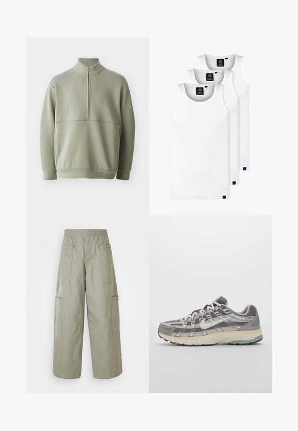 Svetlo zeleni pulover z dolgimi rokavi, visokim ovratnikom in polnim zadrgo. Mehak material z vodoravno šivano podrobnostjo čez prsi.; Tri bele rebraste majice brez rokavov iz bombaža. Imajo okroglo izreza in majhne črne etikete blizu roba. Na voljo v več velikostih.; Oversized, olivno zeleni cargo hlače z elastičnim pasom, več žepi in gladka tekstura. Zmanjša širino pri konicah.; Sive športne čevlje z zgornjim delom iz mrežastega in semiš materiala, belimi akcenti, oblazinjenim podplatom ter edinstvenim dizajnom z odsevnimi elementi.