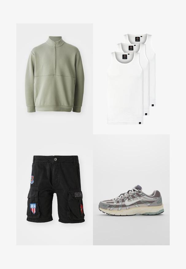 Hellgrüner Pulli mit langen Ärmeln, hohem Kragen und halbem Reißverschluss. Weiche Textur mit einer horizontalen Nahtdetails über der Brust.; Drei weiße, gerippte Tanktops aus Baumwolle. Merkmale einen Rundhalsausschnitt und kleine schwarze Etiketten am Saum. In mehreren Größen erhältlich.; Schwarze Cargo-Shorts aus Baumwolle, mit mehreren Taschen, gestickten Patches in Rot, Blau und Grün sowie einem Knopfverschluss in der Taille.; Grauer Sportschuh mit einem Obermaterial aus Mesh und Wildleder, weißen Akzenten, einer gepolsterten Sohle und einem charakteristischen Design mit reflektierenden Elementen.