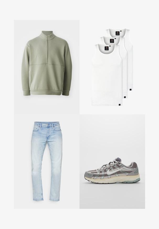 Jasnozielony, długi sweter z długim rękawem, o wysokim kołnierzu i pół-zamkiem. Miękka tekstura z poziomym szwem na wysokości klatki piersiowej.; Trzy białe prążkowane koszulki na ramiączkach wykonane z bawełny. Posiadają okrągły dekolt i małe czarne metki blisko dolnego brzegu. Dostępne w różnych rozmiarach.; Jasnoniebieskie dżinsy typu straight leg, pięć kieszeni i postarzane wykończenie. Posiadają zapięcie na guzik i zamek błyskawiczny.; Szare buty sportowe z siateczkowym i zamszowym wierzchem, białymi akcentami, amortyzowaną podeszwą oraz charakterystycznym designem z elementami odblaskowymi.