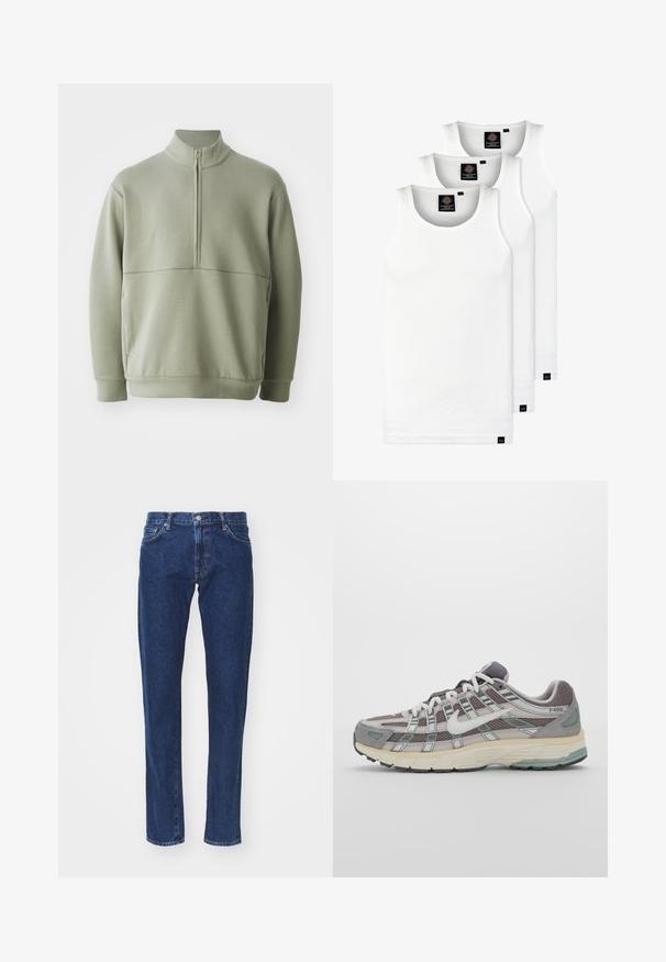 Suéter de manga larga verde claro con un cuello alto y media cremallera. Textura suave con un detalle de costura horizontal en el pecho.; Tres camisetas sin mangas de algodón de color blanco con canalé. Cuentan con cuello redondo y pequeñas etiquetas negras cerca del dobladillo. Disponibles en múltiples tamaños.; Jeans de mezclilla azul oscuro con corte recto, diseño de cinco bolsillos, cierre de botón metálico y detalles de costura clara.; Zapatilla deportiva gris con parte superior de malla y ante, acentos blancos, suela acolchada y un diseño distintivo con elementos reflectantes.