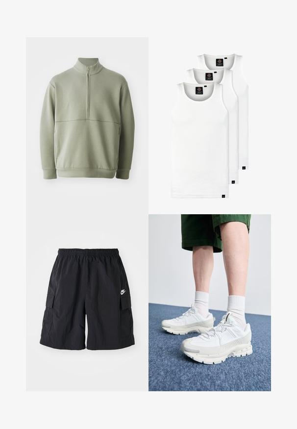 Világos zöld, hosszú ujjú pulóver magas gallérral és fél cipzárral. Puha tapintású, a mellkas fölött vízszintes varrási részlettel.; Három fehér csíkos pamut trikó. Felső része kerek nyakkivágású, és a szegély közelében kis fekete címkék találhatók. Több méretben elérhető.; Nike fekete cargo rövidnadrág, amely könnyű anyagból készült, rugalmas derékkal, oldalsó zsebekkel rendelkezik, és a bal lábon fehér Nike logó található.; Fehér sportcipők texturált burkolattal, vastag talppal és szürke részletekkel. Fehér sportzoknival és zöld rövidnadrággal viselve, kék felületen.