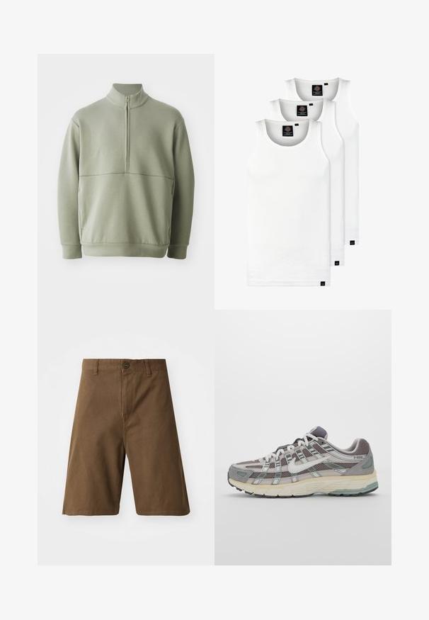 Heledad rohelise, pika varrukaga kootud särk kõrge kraega ja pooltaskuga. Pehme tekstuur, millel on horisontaalne õmbluse detail rinnaosas.; Kolm valget ribaga t-särki, mis on valmistatud puuvillast. Omavad ümmargust kaelanõhku ja väikseid musti silte hemme lähedal. Saadaval erinevates suurustes.; Pruunist puuvillast lühikesed püksid otsekärpega, millel on ees nööpkinnitus, vöökohad ja küljetaskud. Sile tekstuur ja puhtad õmblused.; Hallus hallitus jalanõud, millel on võrgust ja sametist ülemine osa, valged rõhutused, pehme tald ning eristuv disain peegelduvate elementidega.