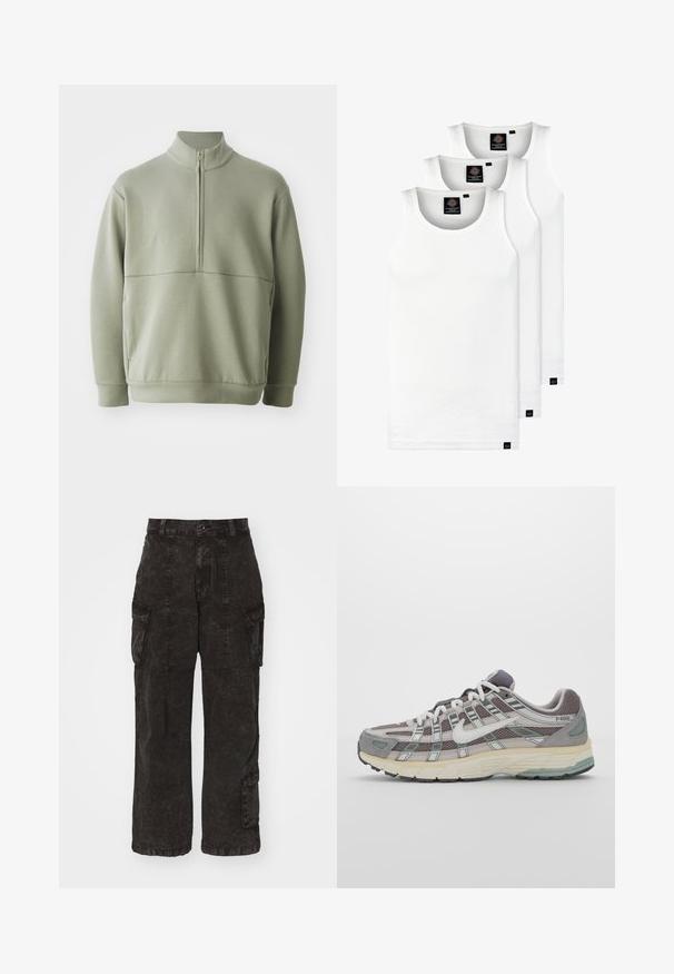 Ljusgrön, långärmad tröja med hög krage och halvmått. Mjuk textur med en horisontell sömdetalj över bröstet.; Tre vita ribbade linnen i bomull. Har rund halsringning och små svarta etiketter vid fållen. Finns i flera storlekar.; Svarta cargobyxor gjorda av strukturerad tyg med flera sidor fickor, vida ben och en hög midja design som har bältesöglor och en knäppning.; Grå atletiska sko med en överdel av mesh och mocka, vita accenter, en vadderad sula och en unik design med reflekterande element.