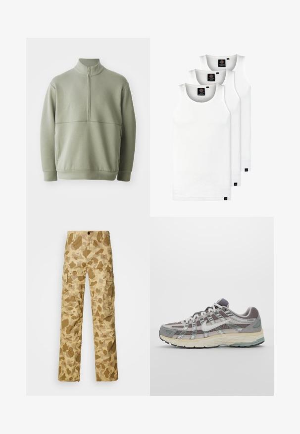 Světlá zelená mikina s dlouhým rukávem, vysokým límečkem a půlzipem. Měkká textura s horizontálním švem přes hruď.; Tři bílé žebrované tílka vyrobené z bavlny. Mají kulatý výstřih a malé černé štítky poblíž lemu. Dostupné v několika velikostech.; Béžové cargo kalhoty se světle hnědým maskáčovým vzorem, se dvěma bočními kapsami a rovnou nohavicovou konstrukcí. Texturovaná tkanina s jemnými pruhy.; Šedá sportovní obuv s vrchní částí z mikrovlákna a semiše, bílými akcenty, polstrovanou podrážkou a jedinečným designem s reflexními prvky.