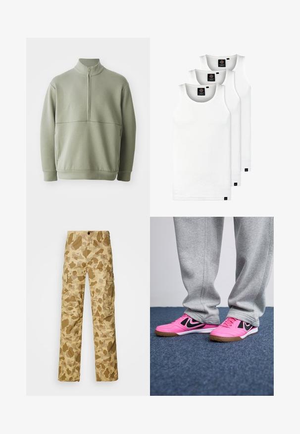 Pull vert clair à manches longues avec un col montant et une fermeture éclair mi-longue. Texture douce avec un détail de couture horizontale sur la poitrine.; Trois débardeurs blancs côtelés en coton. Présentent un col rond et de petites étiquettes noires près de l'ourlet. Disponibles en plusieurs tailles.; Pantalons cargo beiges avec un motif camouflage marron clair, dotés de deux poches latérales et d'une coupe droite. Tissu texturé avec des rayures discrètes.; Des chaussures de sport roses avec des accents noirs, un design à lacets et une semelle en caoutchouc. Un pantalon de survêtement gris couvre partiellement les chaussures, posé sur un tapis bleu.