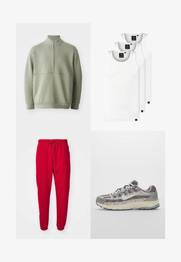 Šviesiai žalias, ilgos rankovės megztinis su aukšta apykakle ir pusiau užtrauktuku. Minkšta tekstūra su horizontalia siūle per krūtinę.; Trys balti, dryžuoti marškiniai be rankovių, pagaminti iš medvilnės. Yra apvalus kaklas ir maži juodi etiketės netoli siūlės. Siūlomi įvairių dydžių.; Raudoni sportiniai kelnių gaminiai iš minkštos medžiagos, su elastinga juosta ir raišteliu, taip pat elastingais manžetais. Yra mažas juodas logotipas.; Pilkas sportinis batas su tinklu ir zomšos viršutine dalimi, baltomis detalėmis, paminkštintu padu ir išskirtiniu dizainu su atspindinčiais elementais.