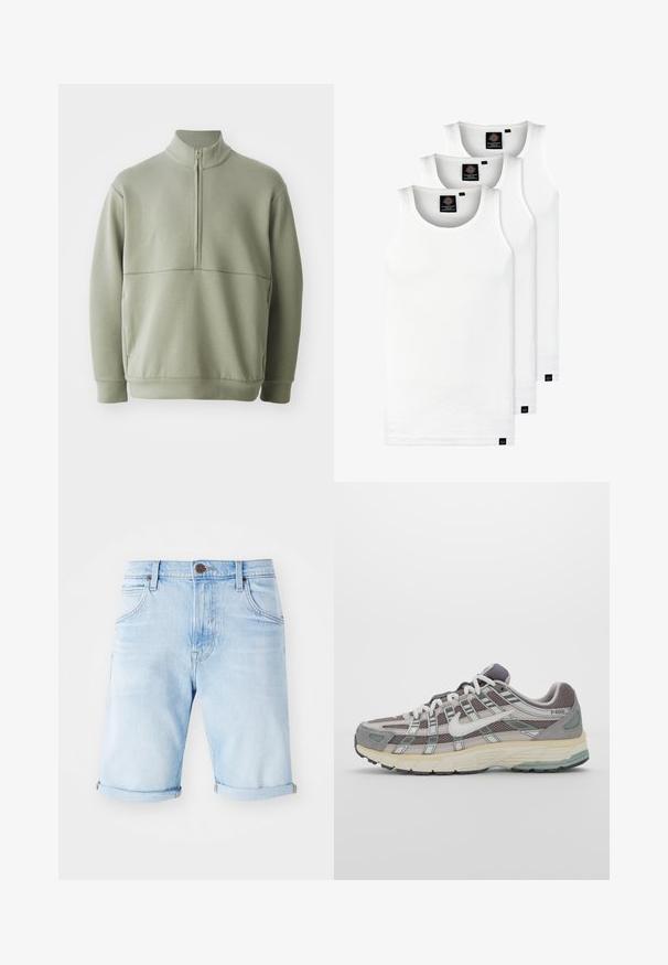 Pullover verde claro de mangas longas com colarinho alto e fecho de correr de meio comprimento. Textura suave com um detalhe de costura horizontal na zona do peito.; Três tops em algodão de alças brancas com nervuras. Apresentam um decote redondo e pequenas etiquetas pretas perto da bainha. Disponíveis em vários tamanhos.; Calções de ganga azul claro com punhos dobrados, design clássico de cinco bolsos e um patch de logo bronze na cintura. Textura suave.; Sapatilha atlética cinza com parte superior em malha e camurça, detalhes brancos, sola acolchoada e um design distinto com elementos refletivos.