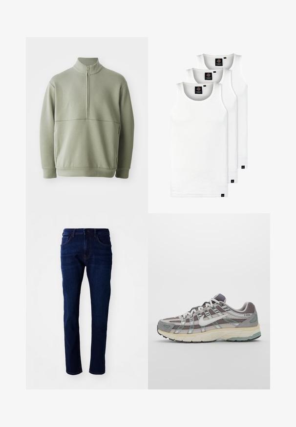 Vaaleanvihreä pitkähihainen neulepusero, jossa on korkea kaulus ja puoli vetoketju. Pehmeä pinta ja vaakasuora sauman yksityiskohta rinnassa.; Kolme valkoista ribbitekstiilistä toppia, jotka on valmistettu puuvillasta. Ominaisuuksiin kuuluu pyöreä pääntie ja pieni musta etiketti helman lähellä. Saatavilla useissa kooissa.; Tummansiniset farkut suoranlahkeisella leikkauksella, viidellä taskulla ja klassisella nappisuljennalla. Kankaan pinta on sileä ja siinä on hienovaraista haalistumista.; Harmaa urheilukenkä, jossa on verkko- ja mokkanahkainen yläosa, valkoiset yksityiskohdat, pehmustettu pohja ja erottuva muotoilu heijastavilla elementeillä.