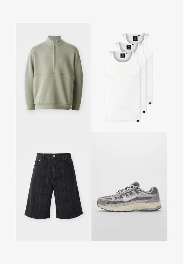 Světlá zelená mikina s dlouhým rukávem, vysokým límečkem a půlzipem. Měkká textura s horizontálním švem přes hruď.; Tři bílé žebrované tílka vyrobené z bavlny. Mají kulatý výstřih a malé černé štítky poblíž lemu. Dostupné v několika velikostech.; Černé džíny s širokými nohavicemi, s vertikálními proužky, předními kapsami a kovovými detaily.; Šedá sportovní obuv s vrchní částí z mikrovlákna a semiše, bílými akcenty, polstrovanou podrážkou a jedinečným designem s reflexními prvky.