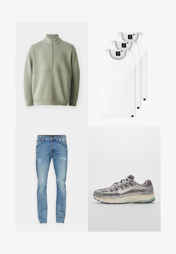 Lys grønn, langermet genser med høy krage og halv glidelås. Myk tekstur med horisontal sømdetalj over brystet.; Tre hvite ribbestrikkede tank topper laget av bomull. Har en rund hals og små svarte etiketter nær kanten. Tilgjengelig i flere størrelser.; Lyseblå denimjeans med slim fit, med slitte detaljer og riftemønster på fronten, standard fem-lommers design og toppen knappelukking.; Grå treningssko med overdel i nett og semsket skinn, hvite detaljer, en polstret såle, og et særpreget design med reflekterende elementer.
