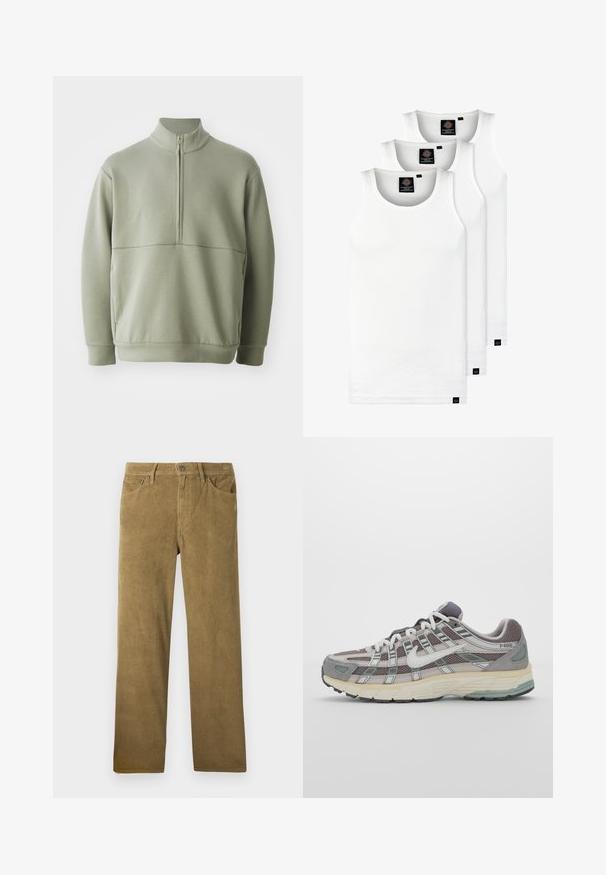 Light green, long-sleeve pullover with a high collar and half zipper. Soft texture with a horizontal seam detail across the chest.; Three white ribbed tank tops made of cotton. Features a crew neck and small black labels near the hem. Available in multiple sizes.; Corduroy trousers in a khaki color with a straight cut, featuring vertical ribbed texture, belt loops, and front pockets.; Gray athletic shoe featuring a mesh and suede upper, white accents, a cushioned sole, and a distinctive design with reflective elements.