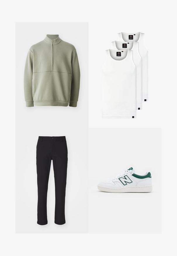Light green, long-sleeve pullover with a high collar and half zipper. Soft texture with a horizontal seam detail across the chest.; Three white ribbed tank tops made of cotton. Features a crew neck and small black labels near the hem. Available in multiple sizes.; Black trousers made from a smooth fabric, featuring a button fastening, a slim straight fit, and no visible patterns or accents.; White sneaker with green accents, leather upper, perforated toe, lace closure, and textured rubber outsole. Features a prominent "N" logo.
