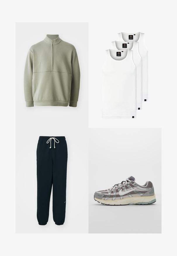 Ljusgrön, långärmad tröja med hög krage och halvmått. Mjuk textur med en horisontell sömdetalj över bröstet.; Tre vita ribbade linnen i bomull. Har rund halsringning och små svarta etiketter vid fållen. Finns i flera storlekar.; Svarta sweatpants i mjukt tyg, med elastisk midja och dragsko, nederkant med mudd och en liten vit logotyp.; Grå atletiska sko med en överdel av mesh och mocka, vita accenter, en vadderad sula och en unik design med reflekterande element.