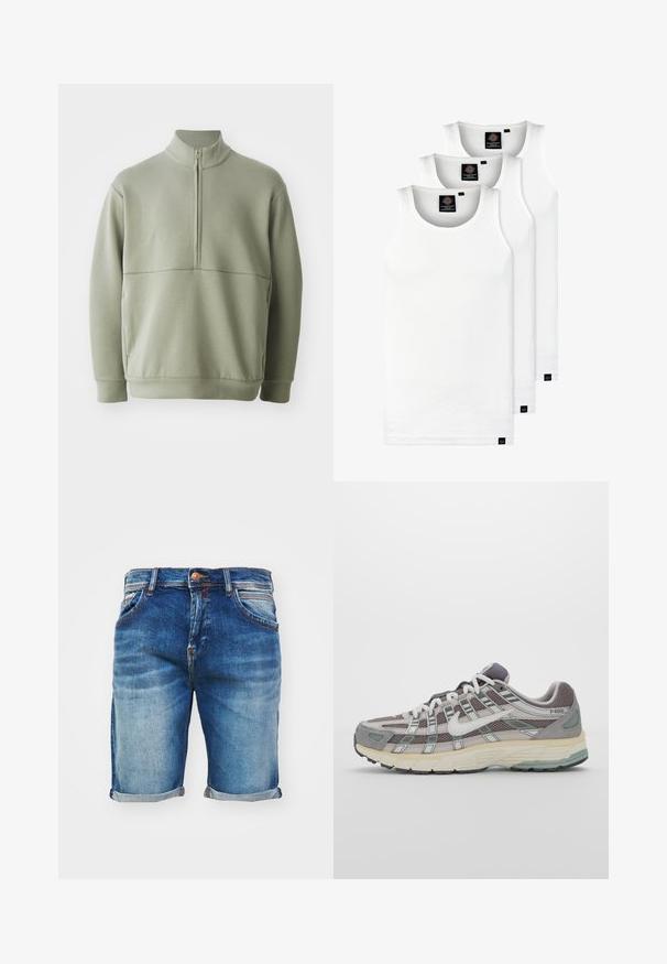 Gaiši zaļš, garām piedurknēm, džemperis ar augstu apkakli un pusi rāvējslēdzēju. Mīksta tekstūra ar horizontālu šuvju detaļu krūšu rajonā.; Trīs baltas ribotas krūšturi, kas izgatavoti no kokvilnas. Iezīmēti ar apaļu kakla izgriezumu un maziem melniem etiķetēm tuvu apakšmalai. Pieejami vairākos izmēros.; Gaišas zilās denima šorti ar izbalējušu apdari; ar uzvilktiem maliem, piecām kabatām un vara pogu aparatūru.; Pelēkie sporta apavi ar tīkla un zamša augšdaļu, baltiem akcentiem, mīkstinātu zoli un izcilu dizainu ar atstarotājiem.