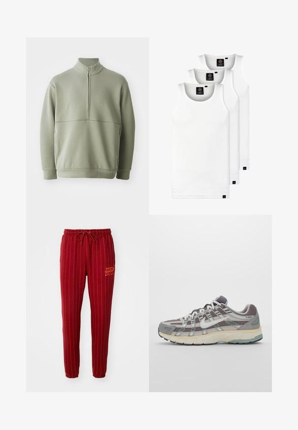 Gaiši zaļš, garām piedurknēm, džemperis ar augstu apkakli un pusi rāvējslēdzēju. Mīksta tekstūra ar horizontālu šuvju detaļu krūšu rajonā.; Trīs baltas ribotas krūšturi, kas izgatavoti no kokvilnas. Iezīmēti ar apaļu kakla izgriezumu un maziem melniem etiķetēm tuvu apakšmalai. Pieejami vairākos izmēros.; Sarkani svārki ar svītrām, ar elastīgu jostu un auklu. Iekšpusē uzšūts "JUST DO IT" oranžā krāsā. Mīksts audums ar sašaurinātu kāju dizainu.; Pelēkie sporta apavi ar tīkla un zamša augšdaļu, baltiem akcentiem, mīkstinātu zoli un izcilu dizainu ar atstarotājiem.