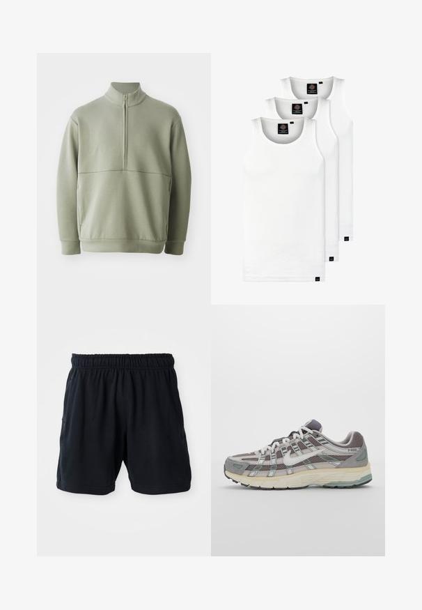 Gaiši zaļš, garām piedurknēm, džemperis ar augstu apkakli un pusi rāvējslēdzēju. Mīksta tekstūra ar horizontālu šuvju detaļu krūšu rajonā.; Trīs baltas ribotas krūšturi, kas izgatavoti no kokvilnas. Iezīmēti ar apaļu kakla izgriezumu un maziem melniem etiķetēm tuvu apakšmalai. Pieejami vairākos izmēros.; Melnas sporta šorti, izgatavoti no mīkstas auduma, ar elastīgu jostu un divām sānu kabatām ērtībai.; Pelēkie sporta apavi ar tīkla un zamša augšdaļu, baltiem akcentiem, mīkstinātu zoli un izcilu dizainu ar atstarotājiem.