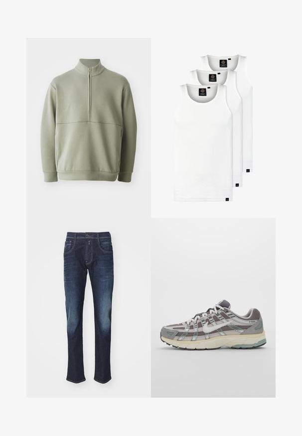 Heledad rohelise, pika varrukaga kootud särk kõrge kraega ja pooltaskuga. Pehme tekstuur, millel on horisontaalne õmbluse detail rinnaosas.; Kolm valget ribaga t-särki, mis on valmistatud puuvillast. Omavad ümmargust kaelanõhku ja väikseid musti silte hemme lähedal. Saadaval erinevates suurustes.; Tumesin sinine teksad, millel on esi-taskud, nupp ja kerged kulumisjäljed reitel ja põlvedel, heleda ühevärvilise tausta ees.; Hallus hallitus jalanõud, millel on võrgust ja sametist ülemine osa, valged rõhutused, pehme tald ning eristuv disain peegelduvate elementidega.