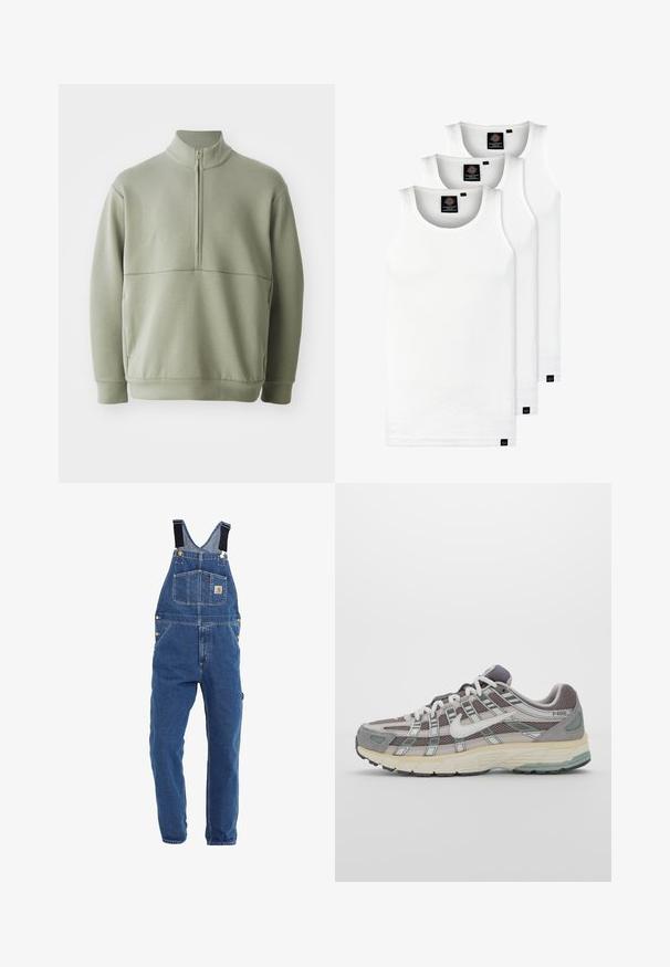 Pullover verde chiaro a maniche lunghe con colletto alto e mezza cerniera. Texture morbida con un dettaglio a cucitura orizzontale sulla parte anteriore.; Tre canotte bianche a coste in cotone. Presentano un colletto rotondo e piccole etichette nere vicino all'orlo. Disponibile in diverse taglie.; Salopette in denim di tonalità blu medio, con spalline nere regolabili, numerose tasche e dettagli in metallo.; Scarpa sportiva grigia con tomaia in mesh e suede, dettagli bianchi, suola ammortizzata e un design distintivo con elementi riflettenti.