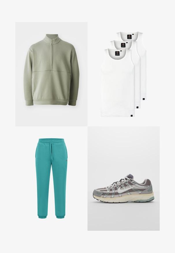 Suéter de manga larga verde claro con un cuello alto y media cremallera. Textura suave con un detalle de costura horizontal en el pecho.; Tres camisetas sin mangas de algodón de color blanco con canalé. Cuentan con cuello redondo y pequeñas etiquetas negras cerca del dobladillo. Disponibles en múltiples tamaños.; Pantalones jogger turquesa confeccionados con tela suave, presentan una cintura elástica con cordón, tobillos con puños y un pequeño detalle de logo.; Zapatilla deportiva gris con parte superior de malla y ante, acentos blancos, suela acolchada y un diseño distintivo con elementos reflectantes.