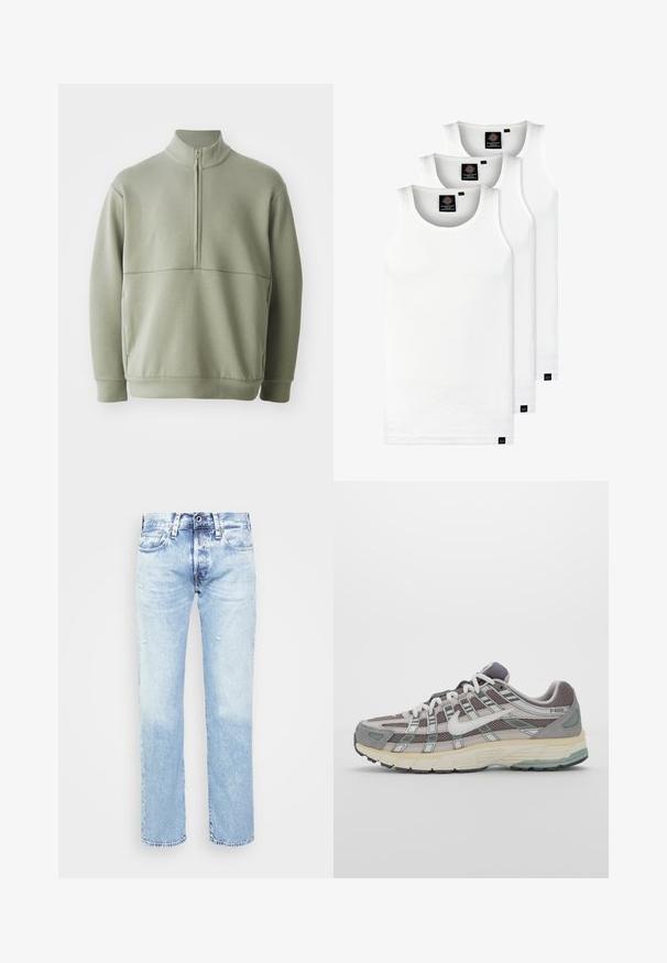 Suéter de manga larga verde claro con un cuello alto y media cremallera. Textura suave con un detalle de costura horizontal en el pecho.; Tres camisetas sin mangas de algodón de color blanco con canalé. Cuentan con cuello redondo y pequeñas etiquetas negras cerca del dobladillo. Disponibles en múltiples tamaños.; Vaqueros de mezclilla azul claro con un diseño de pierna recta, detalles desgastados y un acabado desvanecido, que cuentan con cinco bolsillos y un cierre de botón.; Zapatilla deportiva gris con parte superior de malla y ante, acentos blancos, suela acolchada y un diseño distintivo con elementos reflectantes.