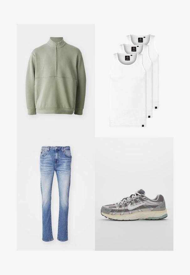 Heledad rohelise, pika varrukaga kootud särk kõrge kraega ja pooltaskuga. Pehme tekstuur, millel on horisontaalne õmbluse detail rinnaosas.; Kolm valget ribaga t-särki, mis on valmistatud puuvillast. Omavad ümmargust kaelanõhku ja väikseid musti silte hemme lähedal. Saadaval erinevates suurustes.; Heledad sinine teksapüksid sirge lõikega, millel on tuhmunud pesu, viis taskut ja nööbiga sulgemine.; Hallus hallitus jalanõud, millel on võrgust ja sametist ülemine osa, valged rõhutused, pehme tald ning eristuv disain peegelduvate elementidega.