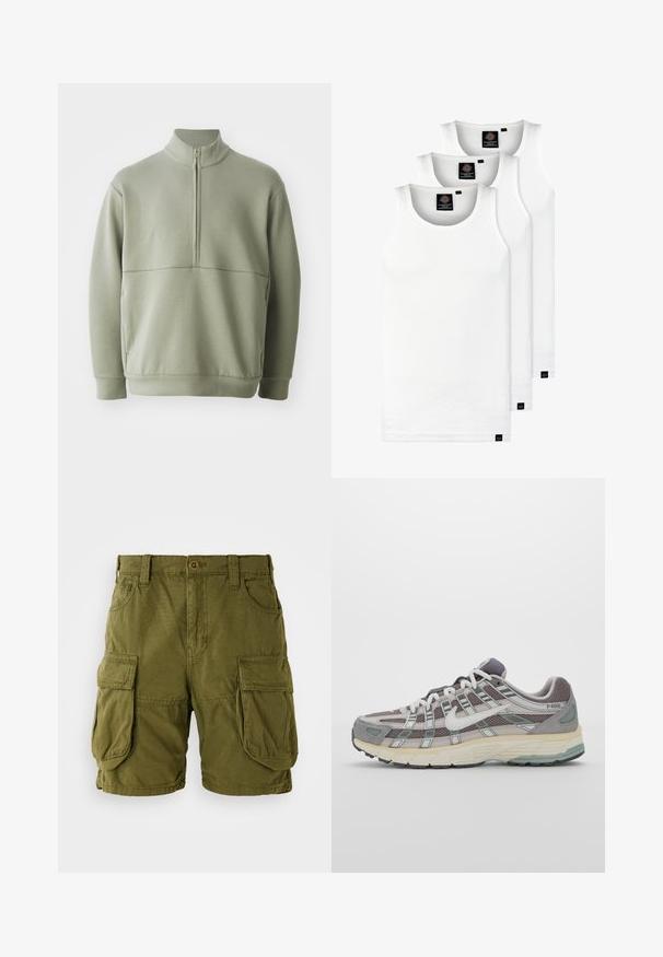 Gaiši zaļš, garām piedurknēm, džemperis ar augstu apkakli un pusi rāvējslēdzēju. Mīksta tekstūra ar horizontālu šuvju detaļu krūšu rajonā.; Trīs baltas ribotas krūšturi, kas izgatavoti no kokvilnas. Iezīmēti ar apaļu kakla izgriezumu un maziem melniem etiķetēm tuvu apakšmalai. Pieejami vairākos izmēros.; Olive zaļās cargo šorts, izgatavotas no kokvilnas maisījuma. Iezīmē divas lielas sānu kabatas un pogu aizdari ar jostu cilpām. Gluda tekstūra.; Pelēkie sporta apavi ar tīkla un zamša augšdaļu, baltiem akcentiem, mīkstinātu zoli un izcilu dizainu ar atstarotājiem.