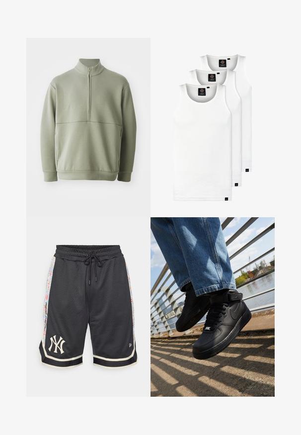Vaaleanvihreä pitkähihainen neulepusero, jossa on korkea kaulus ja puoli vetoketju. Pehmeä pinta ja vaakasuora sauman yksityiskohta rinnassa.; Kolme valkoista ribbitekstiilistä toppia, jotka on valmistettu puuvillasta. Ominaisuuksiin kuuluu pyöreä pääntie ja pieni musta etiketti helman lähellä. Saatavilla useissa kooissa.; Mustat verkko shortsit, joissa on joustava vyötärö ja naru. Sivupaneeleissa on kukkakuosi ja helmassa valkoinen New York -logo.; Mustat Nike Air Force 1 -kengät, joissa on nahkapäällinen, verkko kieli ja kumipohja. Kengissä on korkeakuppinen muotoilu ja paksut nauhat.