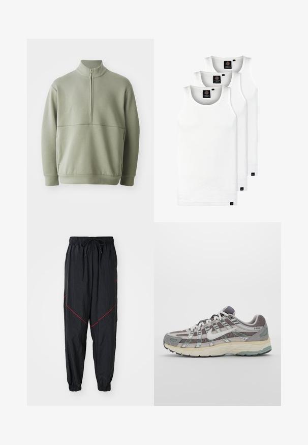 Šviesiai žalias, ilgos rankovės megztinis su aukšta apykakle ir pusiau užtrauktuku. Minkšta tekstūra su horizontalia siūle per krūtinę.; Trys balti, dryžuoti marškiniai be rankovių, pagaminti iš medvilnės. Yra apvalus kaklas ir maži juodi etiketės netoli siūlės. Siūlomi įvairių dydžių.; Juodos sportinės kelnės, pagamintos iš lengvos medžiagos, su raudonais akcentų siūlais, elastinga juosmens juosta su raišteliu ir elastinėmis rankovėmis.; Pilkas sportinis batas su tinklu ir zomšos viršutine dalimi, baltomis detalėmis, paminkštintu padu ir išskirtiniu dizainu su atspindinčiais elementais.