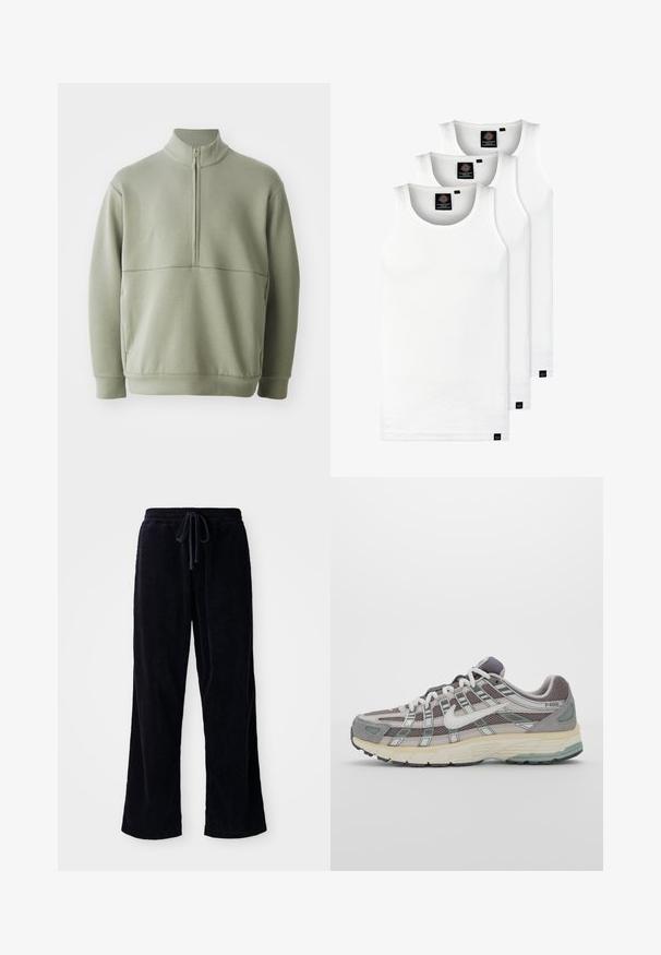 Gaiši zaļš, garām piedurknēm, džemperis ar augstu apkakli un pusi rāvējslēdzēju. Mīksta tekstūra ar horizontālu šuvju detaļu krūšu rajonā.; Trīs baltas ribotas krūšturi, kas izgatavoti no kokvilnas. Iezīmēti ar apaļu kakla izgriezumu un maziem melniem etiķetēm tuvu apakšmalai. Pieejami vairākos izmēros.; Melnas korduroja bikses ar brīvu piegriezumu, ar elastīgu vidukļa joslu un auklu. Tekstūra ir ribota un audums izskatās mīksts.; Pelēkie sporta apavi ar tīkla un zamša augšdaļu, baltiem akcentiem, mīkstinātu zoli un izcilu dizainu ar atstarotājiem.