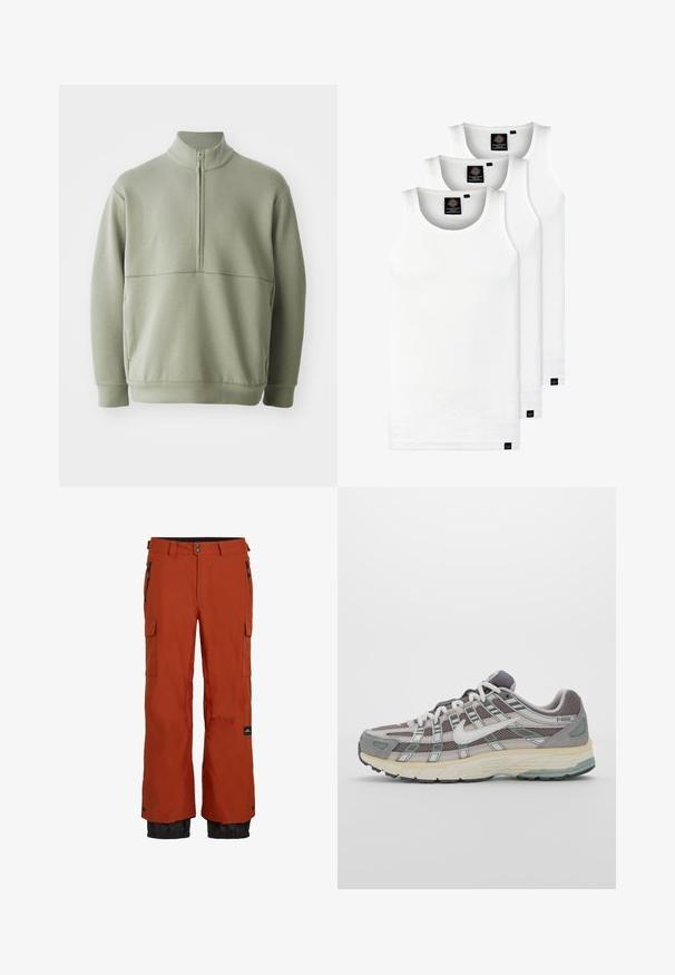 Gaiši zaļš, garām piedurknēm, džemperis ar augstu apkakli un pusi rāvējslēdzēju. Mīksta tekstūra ar horizontālu šuvju detaļu krūšu rajonā.; Trīs baltas ribotas krūšturi, kas izgatavoti no kokvilnas. Iezīmēti ar apaļu kakla izgriezumu un maziem melniem etiķetēm tuvu apakšmalai. Pieejami vairākos izmēros.; Rūsu-oranžā ūdensnecaurlaidīgās slēpošanas bikses ar izolētu audumu, divām sānu rāvējslēdzēju kabatām, kravas kabatu un melnām elastīgām aprocēm pie potītēm.; Pelēkie sporta apavi ar tīkla un zamša augšdaļu, baltiem akcentiem, mīkstinātu zoli un izcilu dizainu ar atstarotājiem.