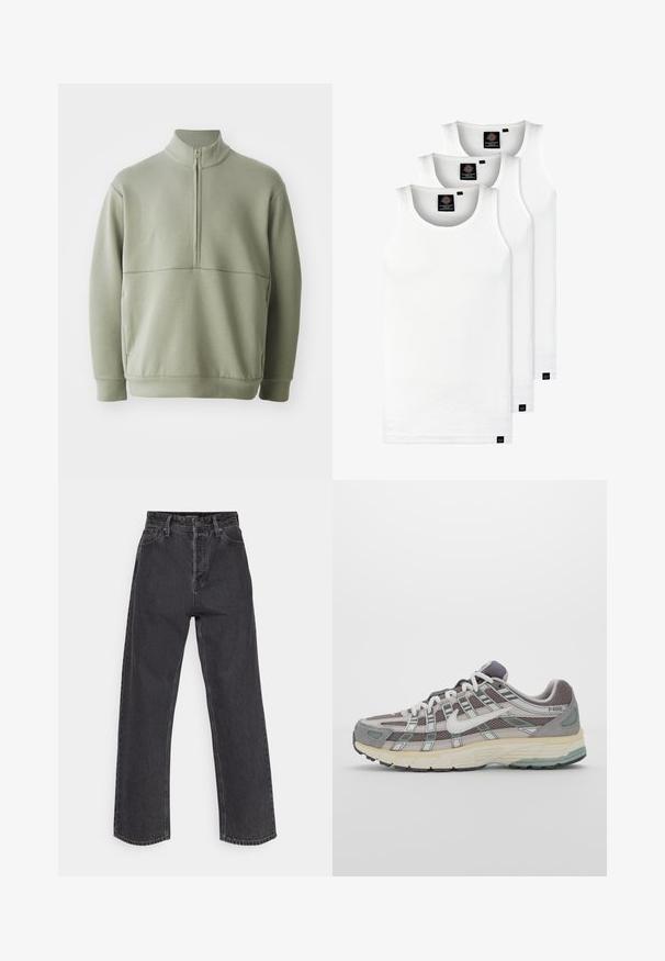 Svetlozelený, dlhý rukáv pulóver s vysokým golierom a polovičným zipsom. Mäkká textúra s horizontálnym švom cez hruď.; Tri biele rebrované tielka vyrobené z bavlny. Majú okrúhly výstrih a malé čierne štítky pri leme. Dostupné v rôznych veľkostiach.; Džíny s vysokým pásom a rovno strihanými nohavicami v tmavošedej denimovej farbe, s klasickým päťvreckovým dizajnom a kontrastným stehom na švoch.; Šedá športová obuv so zvrškom z nylonu a semišu, bielymi akcentmi, polstrovanou podrážkou a jedinečným dizajnom s reflexnými prvkami.