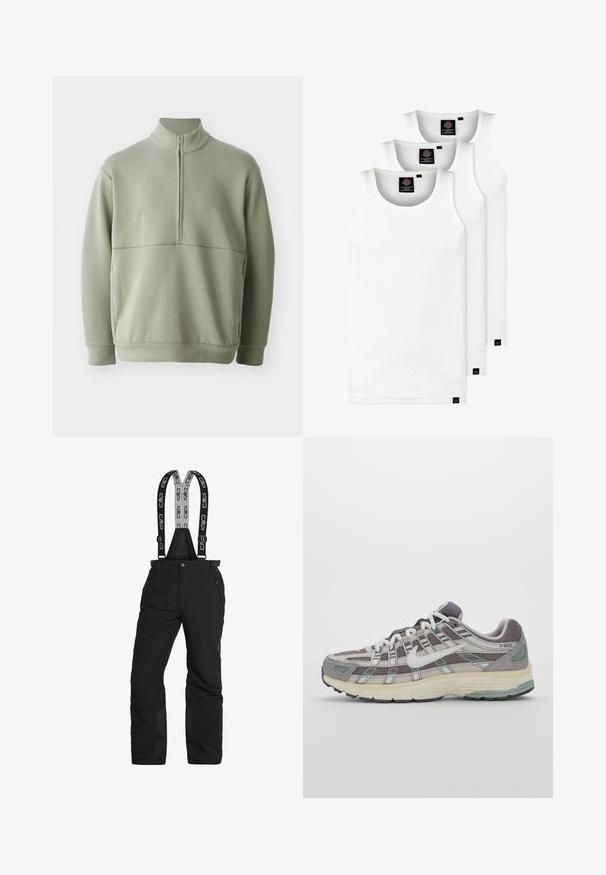 Hellgrüner Pulli mit langen Ärmeln, hohem Kragen und halbem Reißverschluss. Weiche Textur mit einer horizontalen Nahtdetails über der Brust.; Drei weiße, gerippte Tanktops aus Baumwolle. Merkmale einen Rundhalsausschnitt und kleine schwarze Etiketten am Saum. In mehreren Größen erhältlich.; Schwarze Schneehosen mit verstellbaren Trägern, Reißverschlusstaschen und verstärkten Knöcheln. Hergestellt aus wasserdichtem Material mit glatter Textur.; Grauer Sportschuh mit einem Obermaterial aus Mesh und Wildleder, weißen Akzenten, einer gepolsterten Sohle und einem charakteristischen Design mit reflektierenden Elementen.