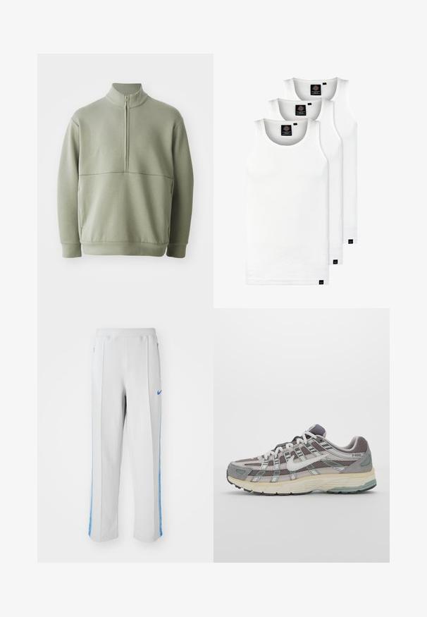 Light green, long-sleeve pullover with a high collar and half zipper. Soft texture with a horizontal seam detail across the chest.; Three white ribbed tank tops made of cotton. Features a crew neck and small black labels near the hem. Available in multiple sizes.; Light grey athletic pants with blue side stripes, featuring a relaxed fit, elastic waistband, and zippered pockets. Nike logo on the front.; Gray athletic shoe featuring a mesh and suede upper, white accents, a cushioned sole, and a distinctive design with reflective elements.