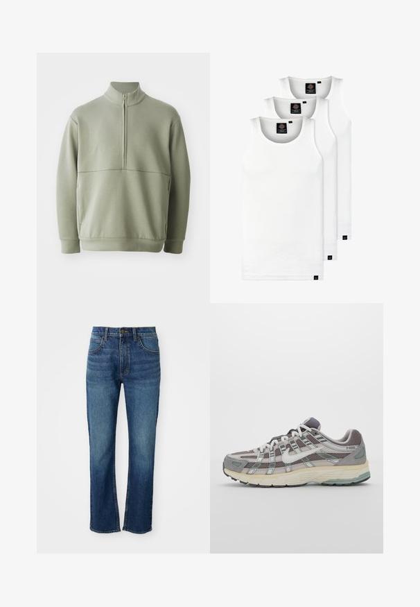 Světlá zelená mikina s dlouhým rukávem, vysokým límečkem a půlzipem. Měkká textura s horizontálním švem přes hruď.; Tři bílé žebrované tílka vyrobené z bavlny. Mají kulatý výstřih a malé černé štítky poblíž lemu. Dostupné v několika velikostech.; Modré džínové kalhoty s rovnou nohavicí, obsahující pět kapes, knoflíkový zip a kontrastní žluté prošívání. Hladká textura.; Šedá sportovní obuv s vrchní částí z mikrovlákna a semiše, bílými akcenty, polstrovanou podrážkou a jedinečným designem s reflexními prvky.