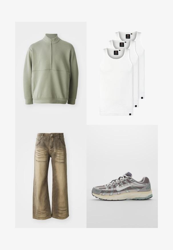 Light green, long-sleeve pullover with a high collar and half zipper. Soft texture with a horizontal seam detail across the chest.; Three white ribbed tank tops made of cotton. Features a crew neck and small black labels near the hem. Available in multiple sizes.; Wide-leg jeans in a faded tan color, featuring whiskering details, a button closure, and five-pocket design. Smooth denim texture.; Gray athletic shoe featuring a mesh and suede upper, white accents, a cushioned sole, and a distinctive design with reflective elements.