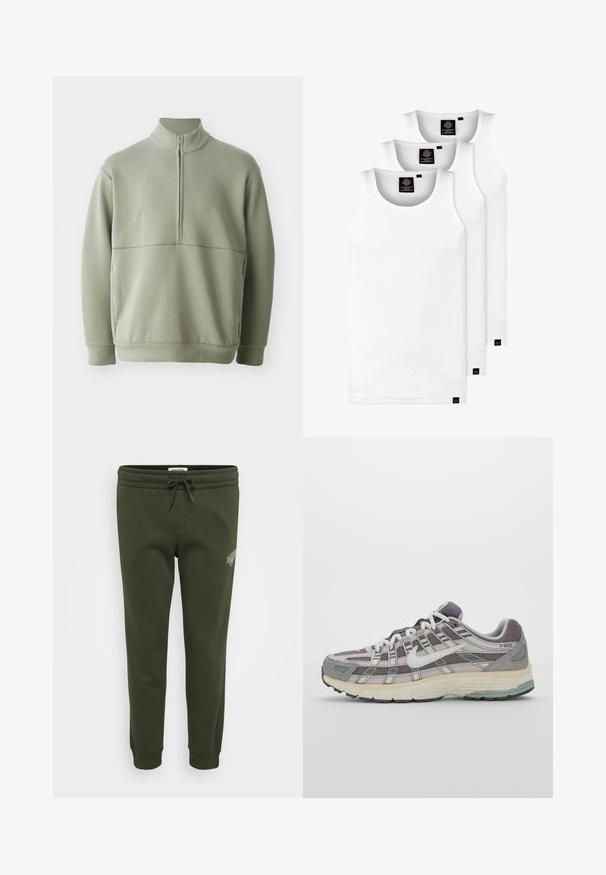 Világos zöld, hosszú ujjú pulóver magas gallérral és fél cipzárral. Puha tapintású, a mellkas fölött vízszintes varrási részlettel.; Három fehér csíkos pamut trikó. Felső része kerek nyakkivágású, és a szegély közelében kis fekete címkék találhatók. Több méretben elérhető.; Olívazöld, puha pamut keverékből készült melegítőnadrág, elasztikus derékkal, húzózsinórral és bordás szegéllyel a bokákon.; Szürke sportcipő, hálós és velúr felsőrésszel, fehér részletekkel, párnázott talppal és jellegzetes dizájnnal, amely visszaverő elemeket tartalmaz.