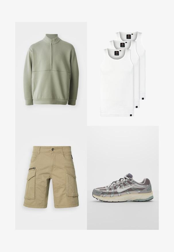 Világos zöld, hosszú ujjú pulóver magas gallérral és fél cipzárral. Puha tapintású, a mellkas fölött vízszintes varrási részlettel.; Három fehér csíkos pamut trikó. Felső része kerek nyakkivágású, és a szegély közelében kis fekete címkék találhatók. Több méretben elérhető.; Tartós anyagból készült bézs cargo sort, számos zsebbel, cipzáras oldalzsebbel és varrott részletezéssel. Szabványos derékrész gombbal.; Szürke sportcipő, hálós és velúr felsőrésszel, fehér részletekkel, párnázott talppal és jellegzetes dizájnnal, amely visszaverő elemeket tartalmaz.