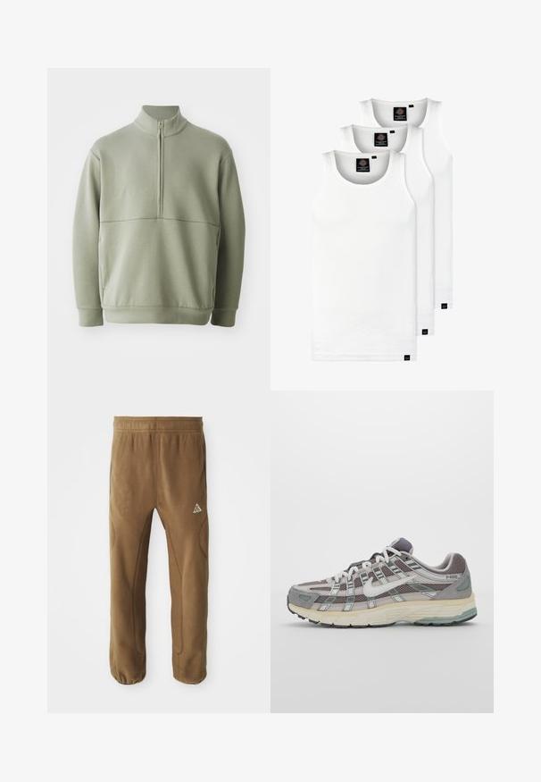 Gaiši zaļš, garām piedurknēm, džemperis ar augstu apkakli un pusi rāvējslēdzēju. Mīksta tekstūra ar horizontālu šuvju detaļu krūšu rajonā.; Trīs baltas ribotas krūšturi, kas izgatavoti no kokvilnas. Iezīmēti ar apaļu kakla izgriezumu un maziem melniem etiķetēm tuvu apakšmalai. Pieejami vairākos izmēros.; Brūnas flīsa bikses ar brīvu piegriezumu, kurām ir sašaurināta kāja, elastīgs jostasvieta un smalkas dūriena detaļas. Logo uz priekšējās kreisās augšstilba.; Pelēkie sporta apavi ar tīkla un zamša augšdaļu, baltiem akcentiem, mīkstinātu zoli un izcilu dizainu ar atstarotājiem.