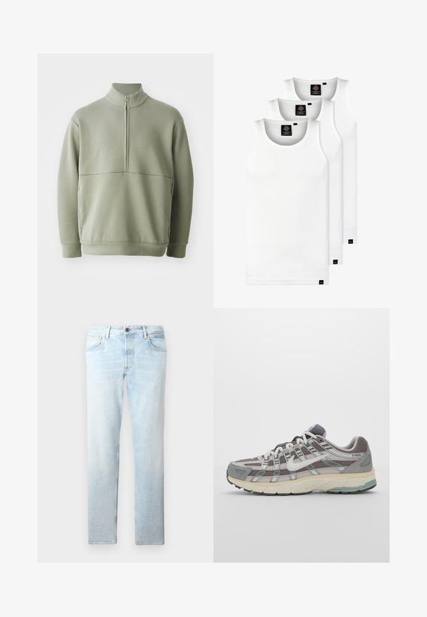Šviesiai žalias, ilgos rankovės megztinis su aukšta apykakle ir pusiau užtrauktuku. Minkšta tekstūra su horizontalia siūle per krūtinę.; Trys balti, dryžuoti marškiniai be rankovių, pagaminti iš medvilnės. Yra apvalus kaklas ir maži juodi etiketės netoli siūlės. Siūlomi įvairių dydžių.; Šviesiai mėlynos džinsinės kelnės tiesaus kirpimo, su penkiomis kišenėmis ir vienu mygtuko uždarymu, turinčios nusidėvėjusius gymius ir subtilią tekstūrą.; Pilkas sportinis batas su tinklu ir zomšos viršutine dalimi, baltomis detalėmis, paminkštintu padu ir išskirtiniu dizainu su atspindinčiais elementais.
