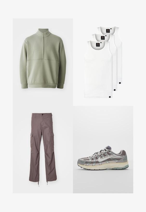Světlá zelená mikina s dlouhým rukávem, vysokým límečkem a půlzipem. Měkká textura s horizontálním švem přes hruď.; Tři bílé žebrované tílka vyrobené z bavlny. Mají kulatý výstřih a malé černé štítky poblíž lemu. Dostupné v několika velikostech.; Cargo kalhoty z texturované taupe tkaniny, s několika postranními kapsami, rovný střih nohavic a nastavitelné popruhy na lemu.; Šedá sportovní obuv s vrchní částí z mikrovlákna a semiše, bílými akcenty, polstrovanou podrážkou a jedinečným designem s reflexními prvky.