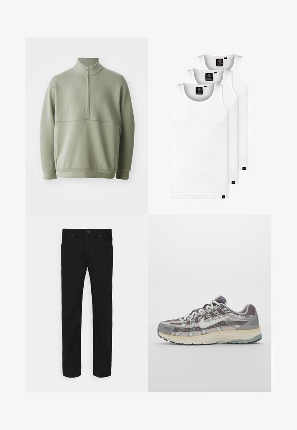 Šviesiai žalias, ilgos rankovės megztinis su aukšta apykakle ir pusiau užtrauktuku. Minkšta tekstūra su horizontalia siūle per krūtinę.; Trys balti, dryžuoti marškiniai be rankovių, pagaminti iš medvilnės. Yra apvalus kaklas ir maži juodi etiketės netoli siūlės. Siūlomi įvairių dydžių.; Juodos tiesios kojinės džinsai su priekiniais mygtukais ir užtrauktuku, penkių kišenių dizainas, rodomas ant baltos fono.; Pilkas sportinis batas su tinklu ir zomšos viršutine dalimi, baltomis detalėmis, paminkštintu padu ir išskirtiniu dizainu su atspindinčiais elementais.