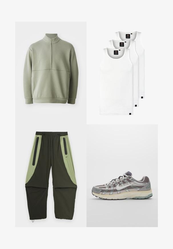 Jasnozielony, długi sweter z długim rękawem, o wysokim kołnierzu i pół-zamkiem. Miękka tekstura z poziomym szwem na wysokości klatki piersiowej.; Trzy białe prążkowane koszulki na ramiączkach wykonane z bawełny. Posiadają okrągły dekolt i małe czarne metki blisko dolnego brzegu. Dostępne w różnych rozmiarach.; Zielone i czarne sportowe spodnie o luźnym kroju, z dwoma bocznymi kieszeniami na zamek i elastycznym paskiem. Lekki, gładki materiał.; Szare buty sportowe z siateczkowym i zamszowym wierzchem, białymi akcentami, amortyzowaną podeszwą oraz charakterystycznym designem z elementami odblaskowymi.
