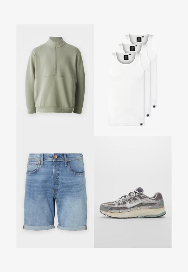 Ljusgrön, långärmad tröja med hög krage och halvmått. Mjuk textur med en horisontell sömdetalj över bröstet.; Tre vita ribbade linnen i bomull. Har rund halsringning och små svarta etiketter vid fållen. Finns i flera storlekar.; Ljusblå denimshorts med klassisk skärning, uppvikta fållar, framfickor och detaljer med kopparknappar. Mjuk textur och avslappnad design.; Grå atletiska sko med en överdel av mesh och mocka, vita accenter, en vadderad sula och en unik design med reflekterande element.