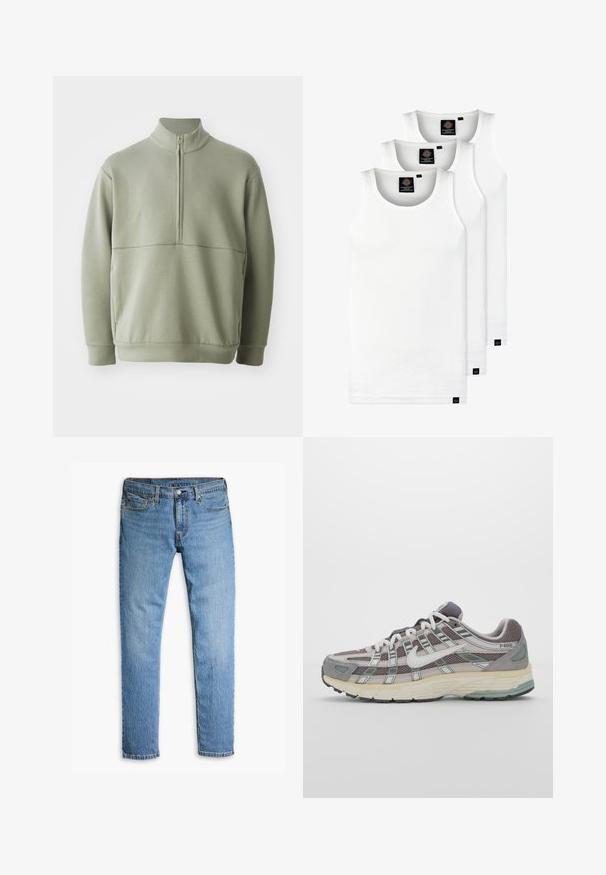 Pullover verde claro de mangas longas com colarinho alto e fecho de correr de meio comprimento. Textura suave com um detalhe de costura horizontal na zona do peito.; Três tops em algodão de alças brancas com nervuras. Apresentam um decote redondo e pequenas etiquetas pretas perto da bainha. Disponíveis em vários tamanhos.; Calças de ganga azul claro com um design de perna reta, cinco bolsos, costura visível e fecho por botão na cintura.; Sapatilha atlética cinza com parte superior em malha e camurça, detalhes brancos, sola acolchoada e um design distinto com elementos refletivos.